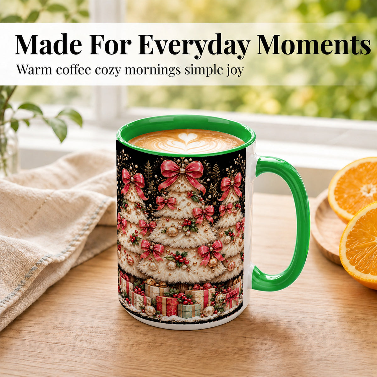 #pl[15oz|Green] Pink Bow Christmas Tree Coffee Mug, Festive Mug, Ceramic Cup
