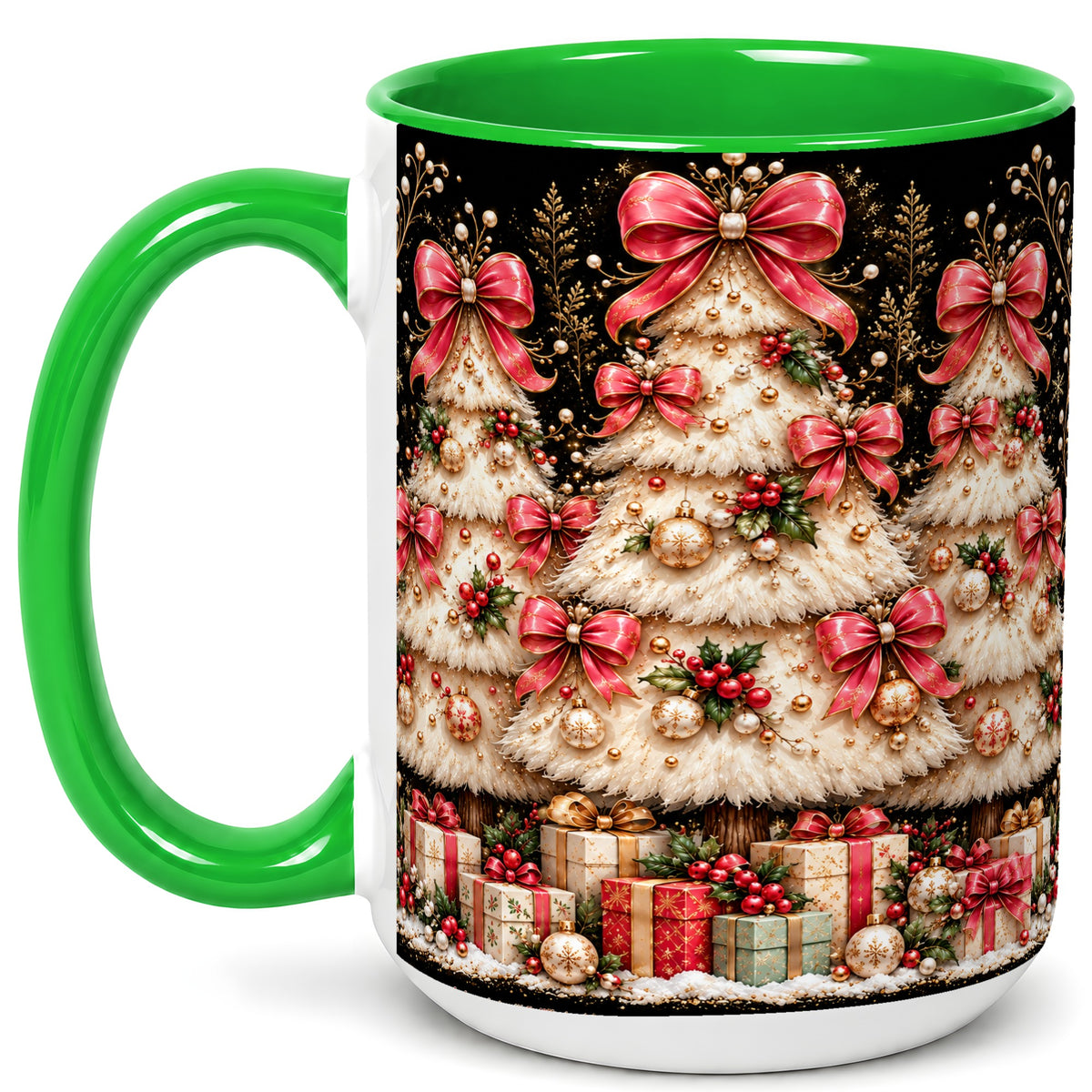 #pl[15oz|Green] Pink Bow Christmas Tree Coffee Mug, Festive Mug, Ceramic Cup
