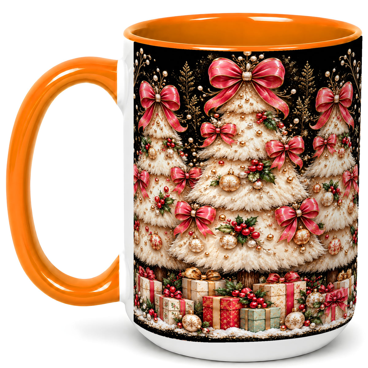#pl[15oz|Orange] Pink Bow Christmas Tree Coffee Mug, Festive Mug, Ceramic Cup