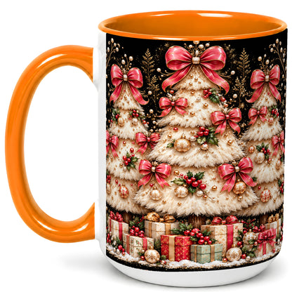 #pl[15oz|Orange] Pink Bow Christmas Tree Coffee Mug, Festive Mug, Ceramic Cup