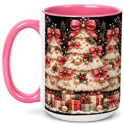#pl[15oz|Pink] Pink Bow Christmas Tree Coffee Mug, Festive Mug, Ceramic Cup
