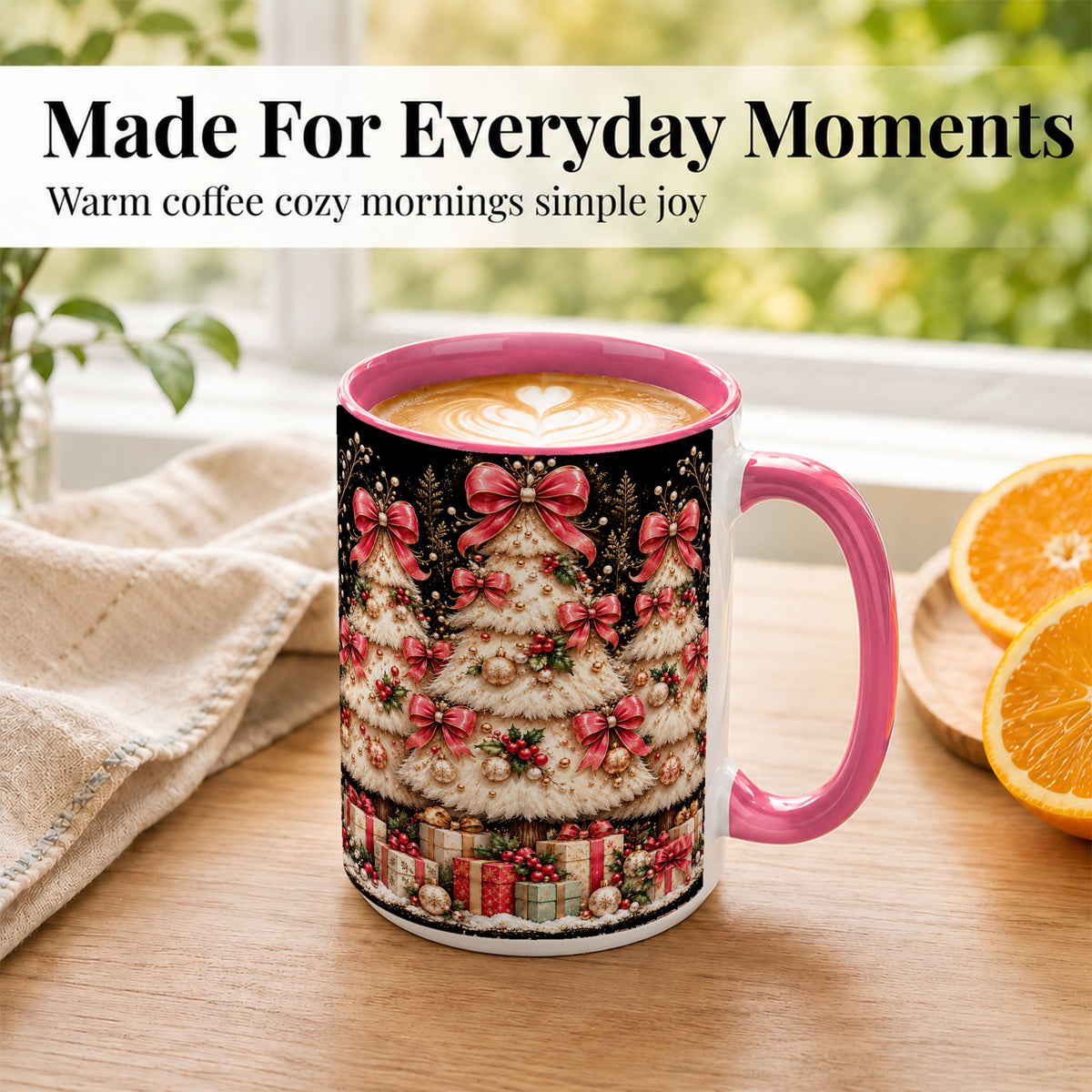 #pl[15oz|Pink] Pink Bow Christmas Tree Coffee Mug, Festive Mug, Ceramic Cup