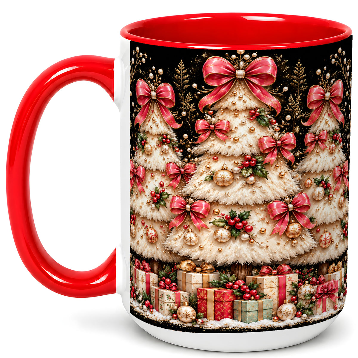 #pl[15oz|Red] Pink Bow Christmas Tree Coffee Mug, Festive Mug, Ceramic Cup