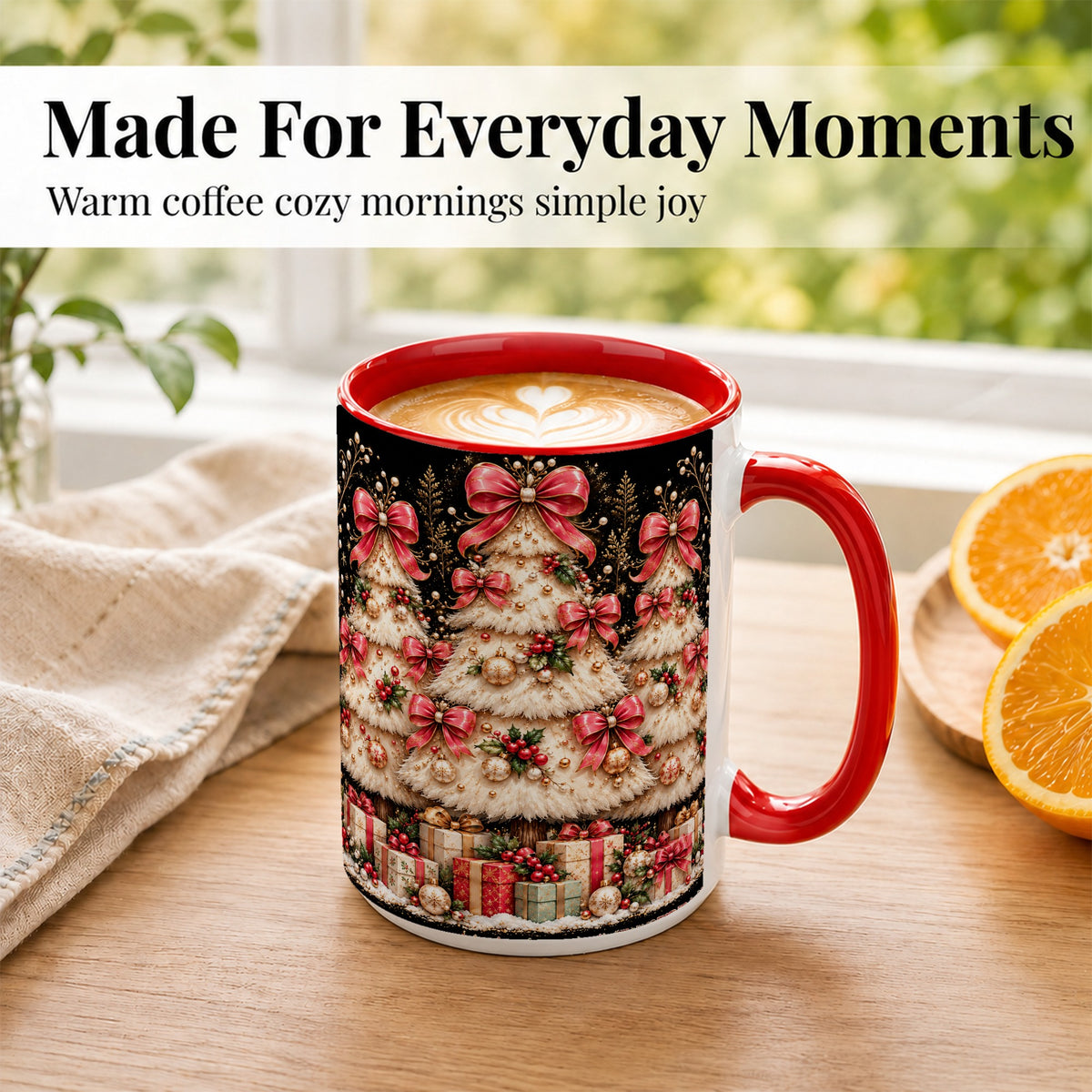 #pl[15oz|Red] Pink Bow Christmas Tree Coffee Mug, Festive Mug, Ceramic Cup