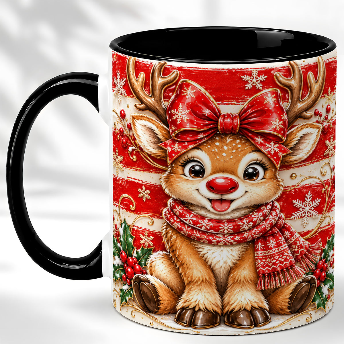 #pl[11oz|Black] Cute Christmas Reindeer Coffee Mug, Winter Mug, Ceramic Cup
