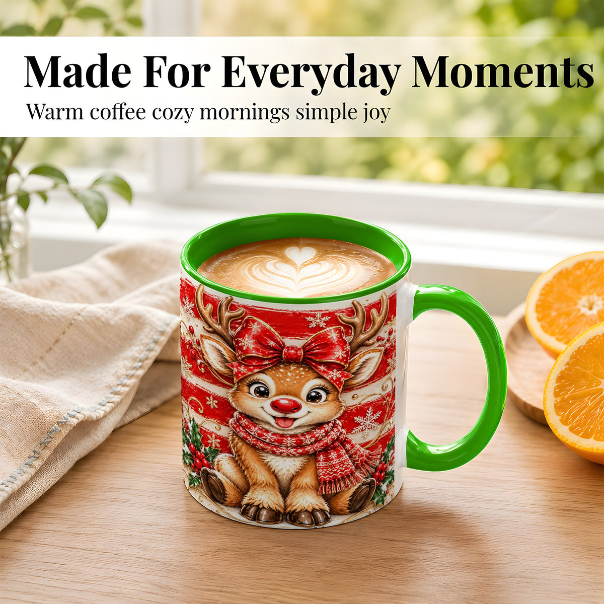 #pl[11oz|Green] Cute Christmas Reindeer Coffee Mug, Winter Mug, Ceramic Cup