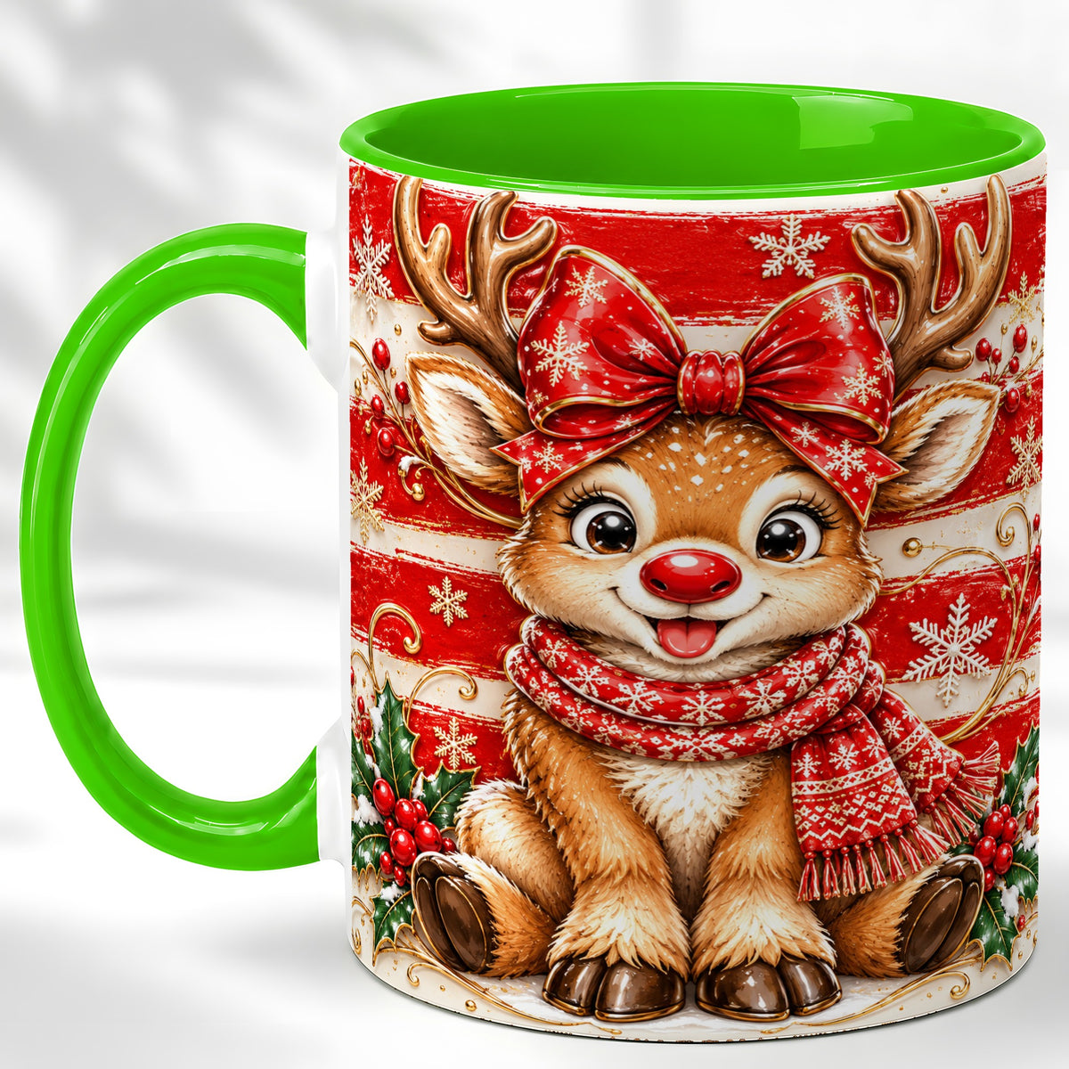 #pl[11oz|Green] Cute Christmas Reindeer Coffee Mug, Winter Mug, Ceramic Cup