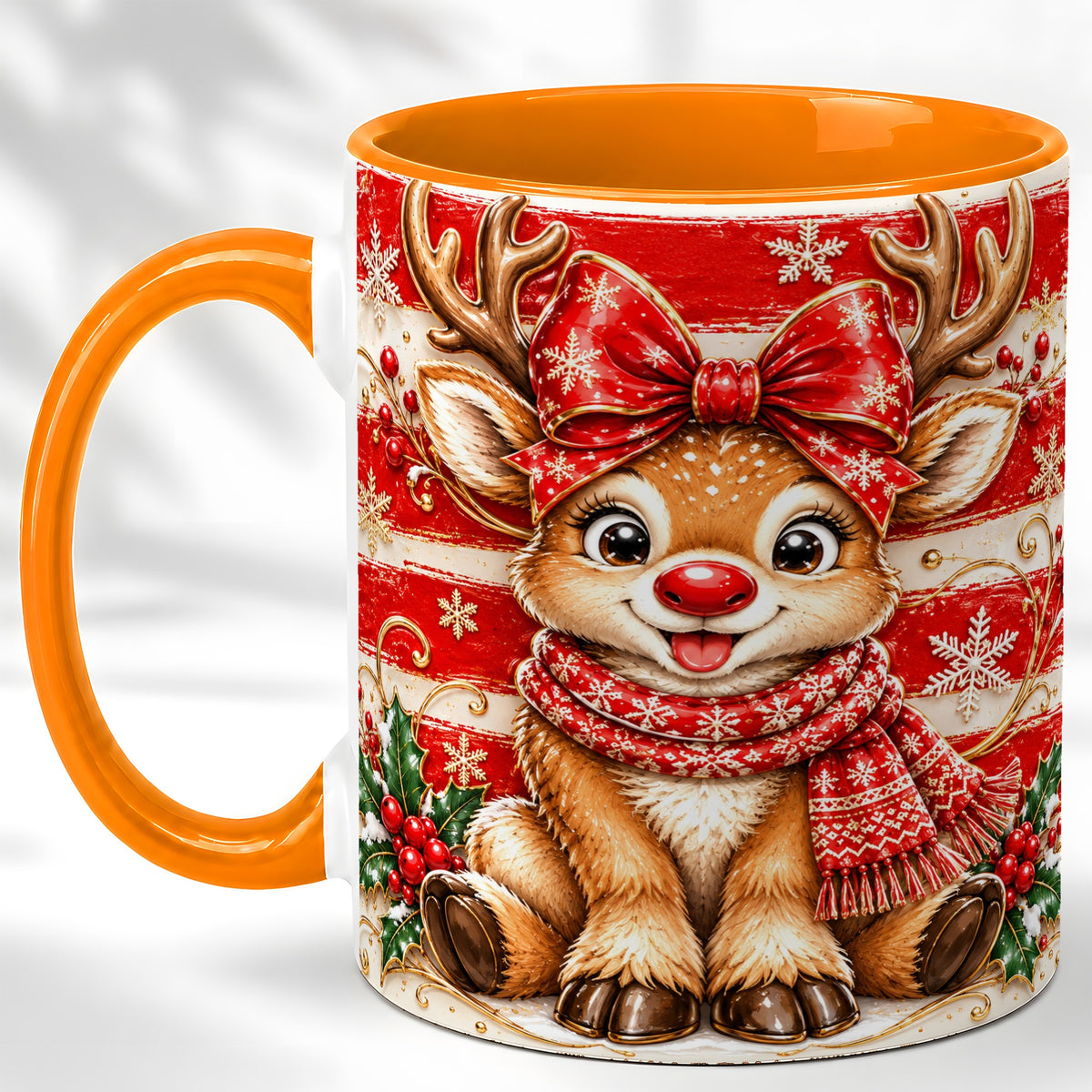 #pl[11oz|Orange] Cute Christmas Reindeer Coffee Mug, Winter Mug, Ceramic Cup