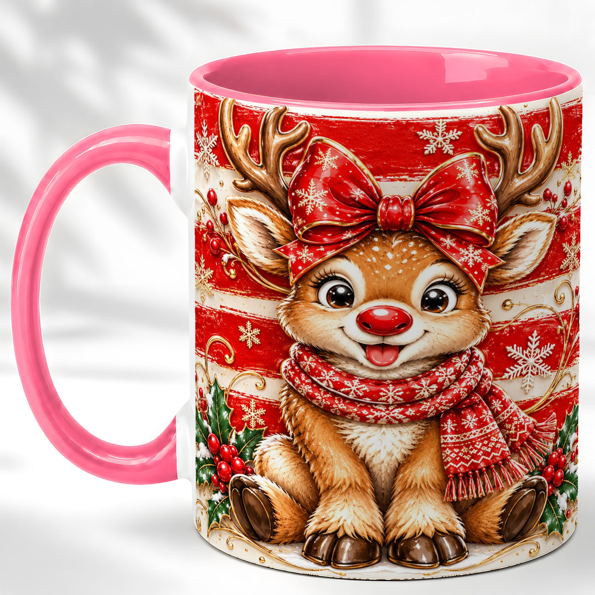 #pl[11oz|Pink] Cute Christmas Reindeer Coffee Mug, Winter Mug, Ceramic Cup
