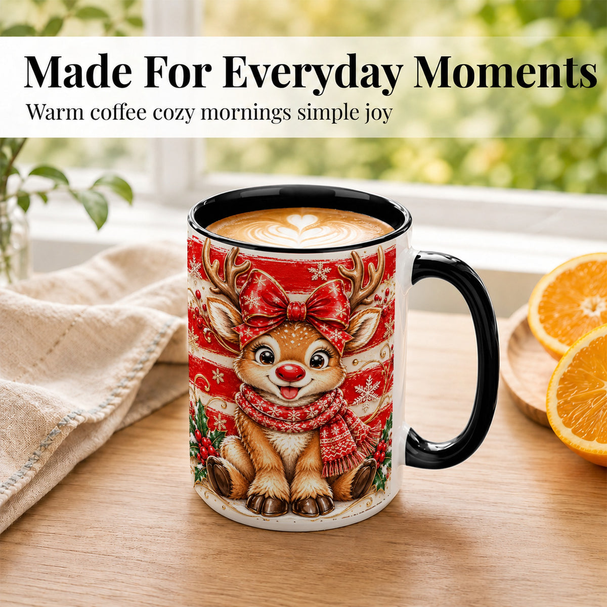 #pl[15oz|Black] Cute Christmas Reindeer Coffee Mug, Winter Mug, Ceramic Cup