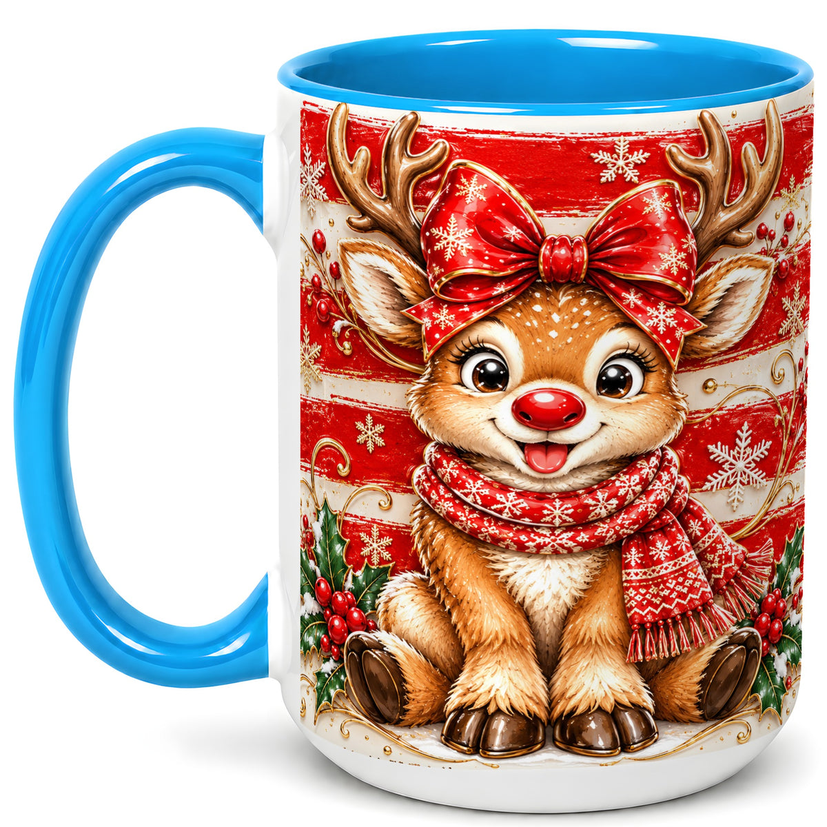 #pl[15oz|Blue] Cute Christmas Reindeer Coffee Mug, Winter Mug, Ceramic Cup