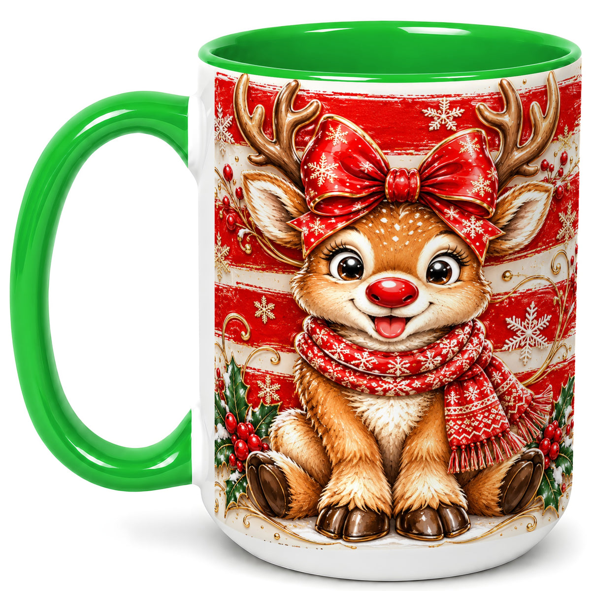 #pl[15oz|Green] Cute Christmas Reindeer Coffee Mug, Winter Mug, Ceramic Cup