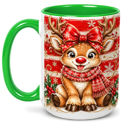 #pl[15oz|Green] Cute Christmas Reindeer Coffee Mug, Winter Mug, Ceramic Cup