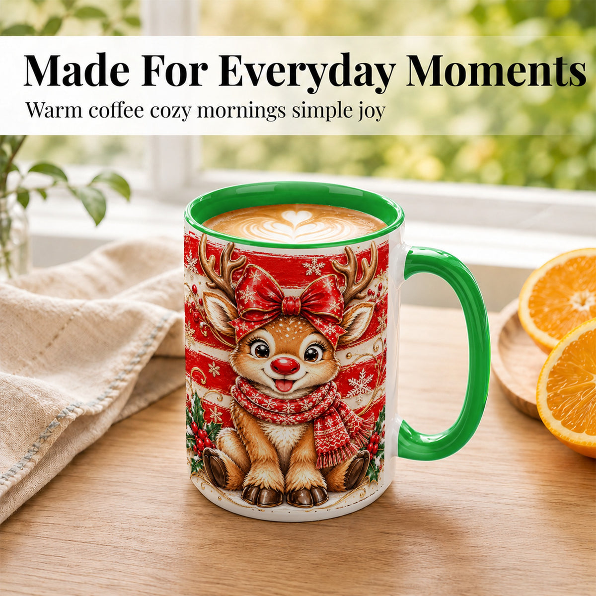 #pl[15oz|Green] Cute Christmas Reindeer Coffee Mug, Winter Mug, Ceramic Cup