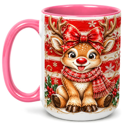 #pl[15oz|Pink] Cute Christmas Reindeer Coffee Mug, Winter Mug, Ceramic Cup