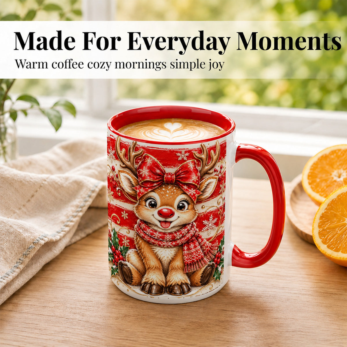 #pl[15oz|Red] Cute Christmas Reindeer Coffee Mug, Winter Mug, Ceramic Cup
