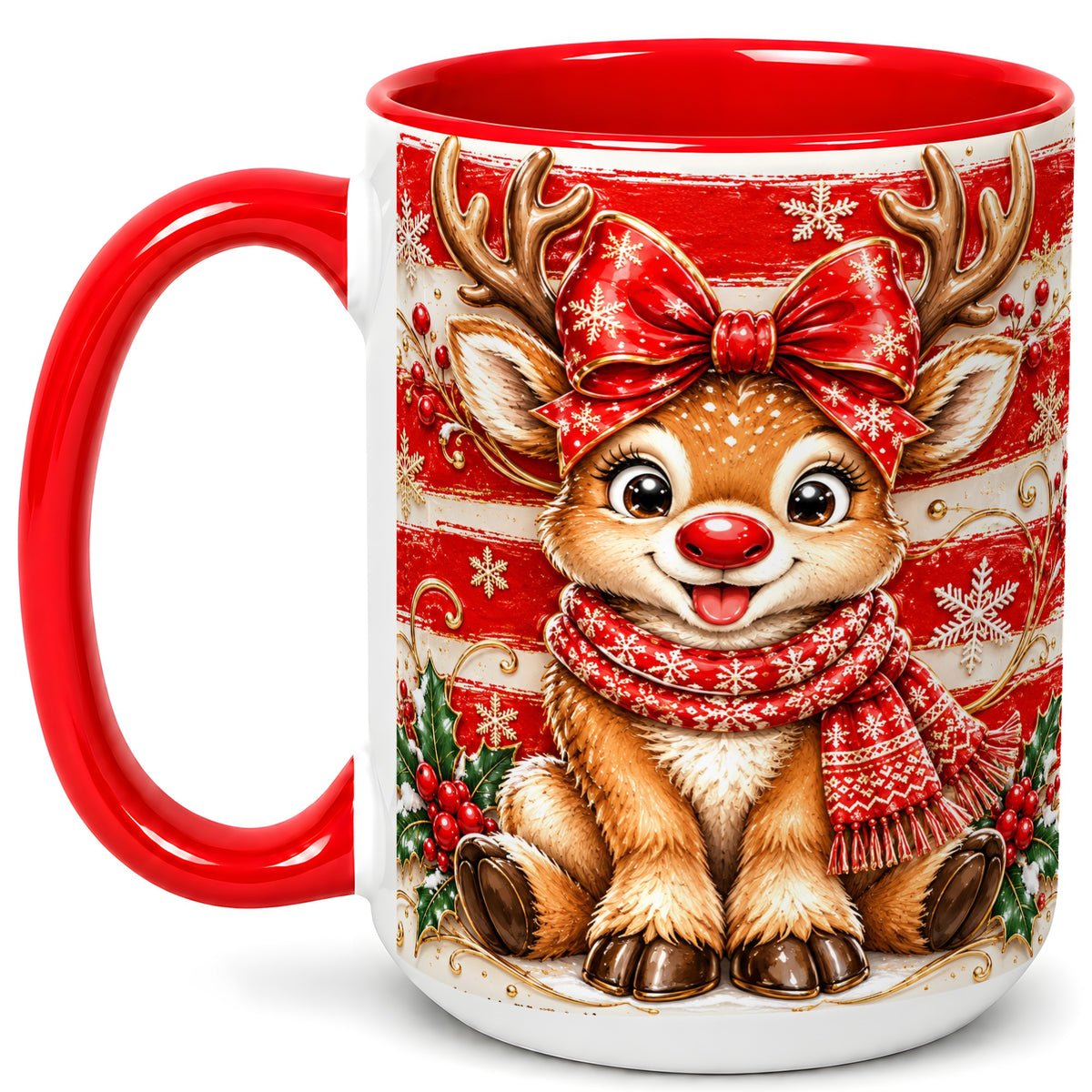 #pl[15oz|Red] Cute Christmas Reindeer Coffee Mug, Winter Mug, Ceramic Cup