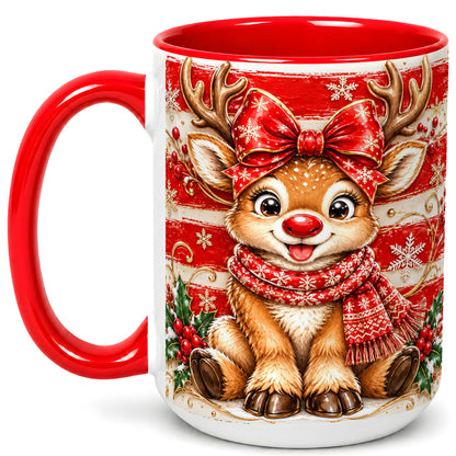#pl[15oz|Red] Cute Christmas Reindeer Coffee Mug, Winter Mug, Ceramic Cup