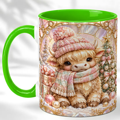 #pl[11oz|Green] Pastel Highland Cow Coffee Mug, Christmas Mug, Ceramic Cup