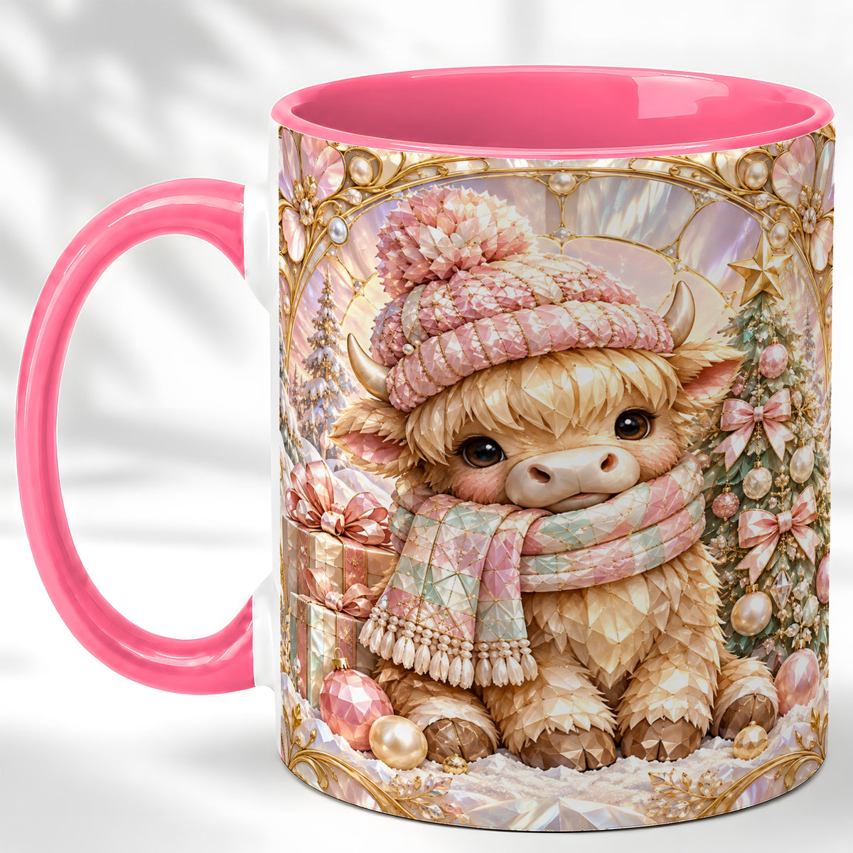 #pl[11oz|Pink] Pastel Highland Cow Coffee Mug, Christmas Mug, Ceramic Cup