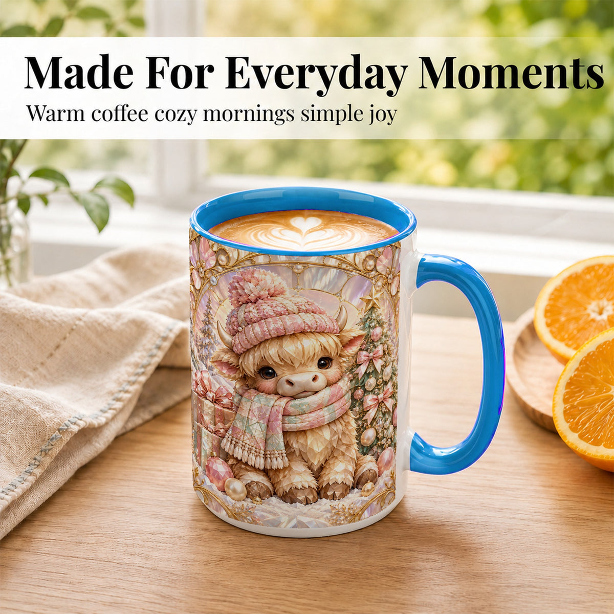 #pl[15oz|Blue] Pastel Highland Cow Coffee Mug, Christmas Mug, Ceramic Cup