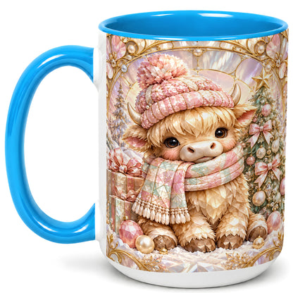 #pl[15oz|Blue] Pastel Highland Cow Coffee Mug, Christmas Mug, Ceramic Cup