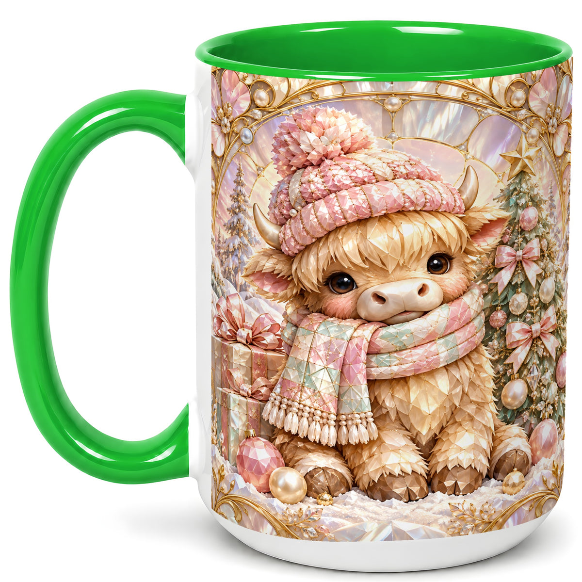 #pl[15oz|Green] Pastel Highland Cow Coffee Mug, Christmas Mug, Ceramic Cup