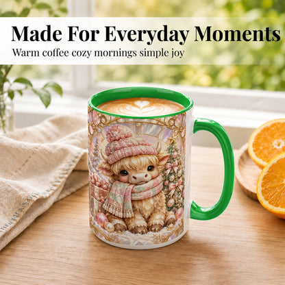 #pl[15oz|Green] Pastel Highland Cow Coffee Mug, Christmas Mug, Ceramic Cup