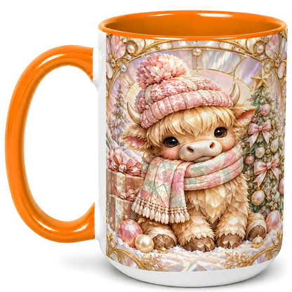#pl[15oz|Orange] Pastel Highland Cow Coffee Mug, Christmas Mug, Ceramic Cup