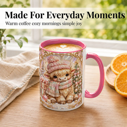 #pl[15oz|Pink] Pastel Highland Cow Coffee Mug, Christmas Mug, Ceramic Cup