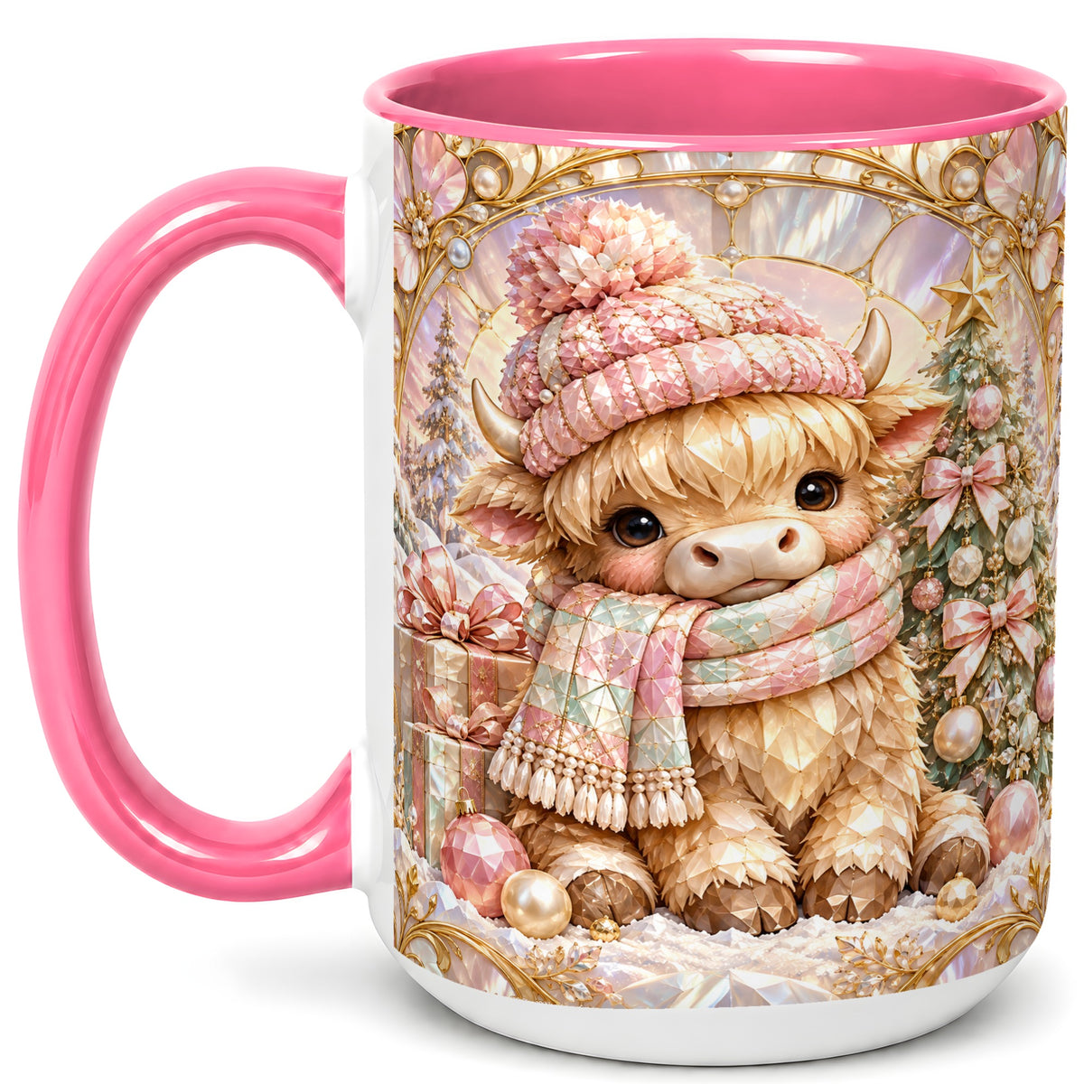 #pl[15oz|Pink] Pastel Highland Cow Coffee Mug, Christmas Mug, Ceramic Cup