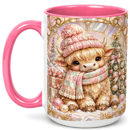#pl[15oz|Pink] Pastel Highland Cow Coffee Mug, Christmas Mug, Ceramic Cup
