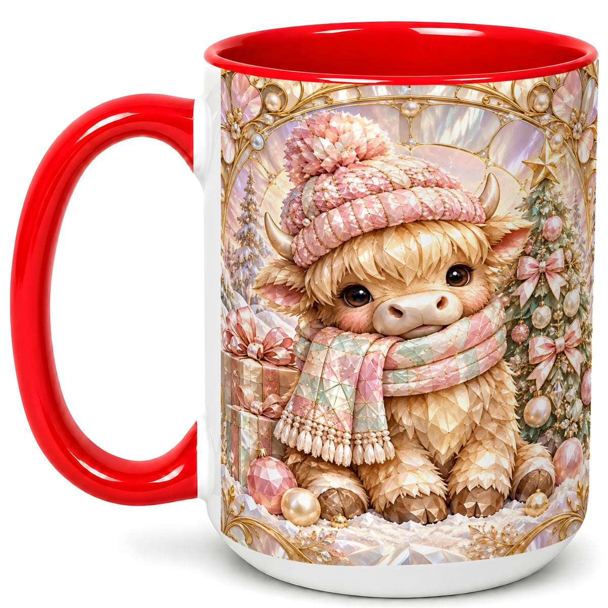 #pl[15oz|Red] Pastel Highland Cow Coffee Mug, Christmas Mug, Ceramic Cup