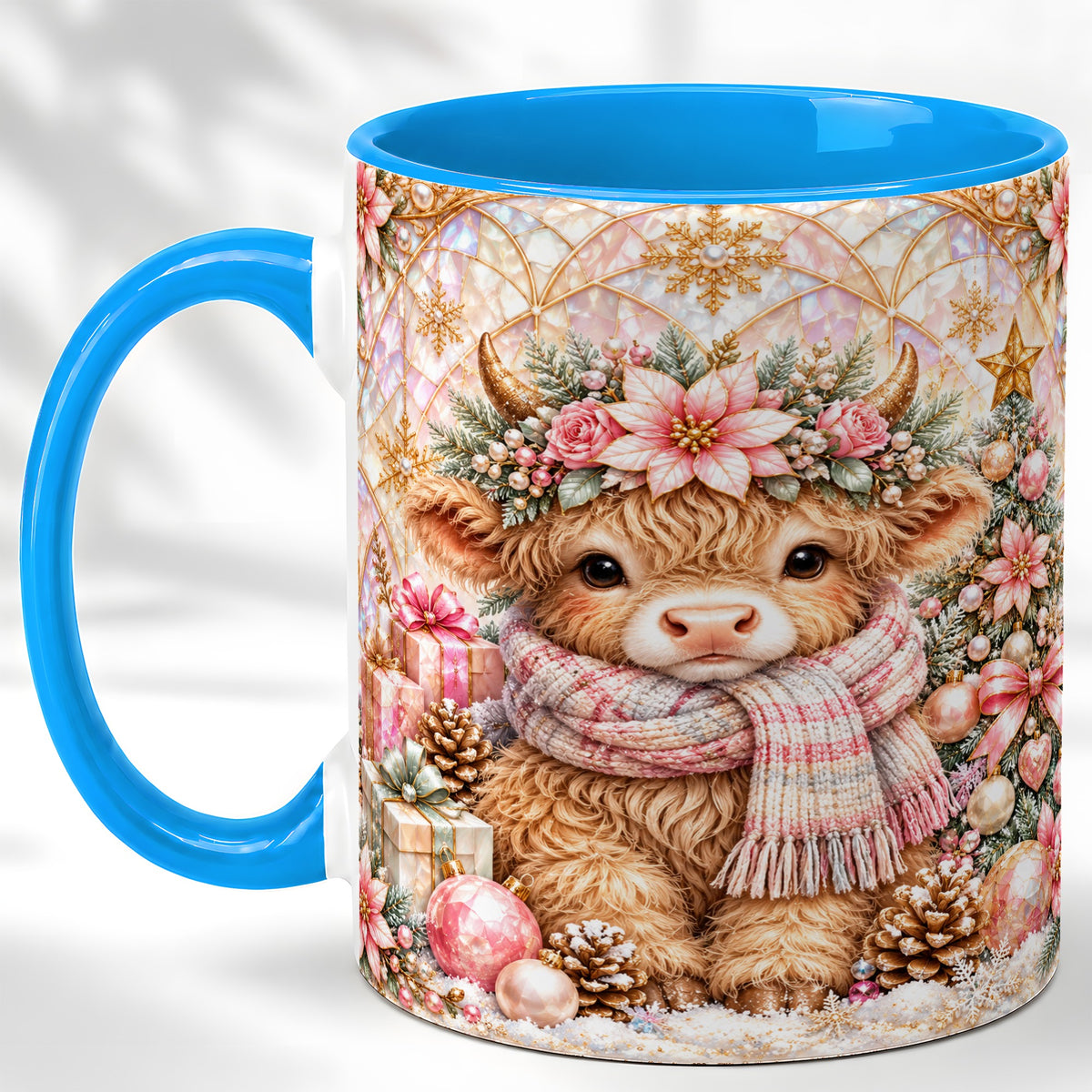 #pl[11oz|Blue] Highland Cow Christmas Coffee Mug, Holiday Cow Mug, Ceramic Cup