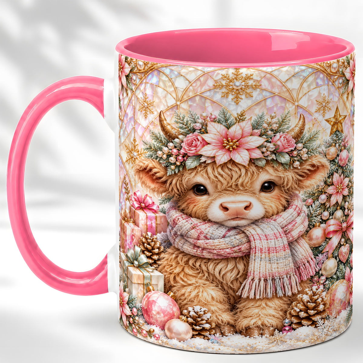 #pl[11oz|Pink] Highland Cow Christmas Coffee Mug, Holiday Cow Mug, Ceramic Cup