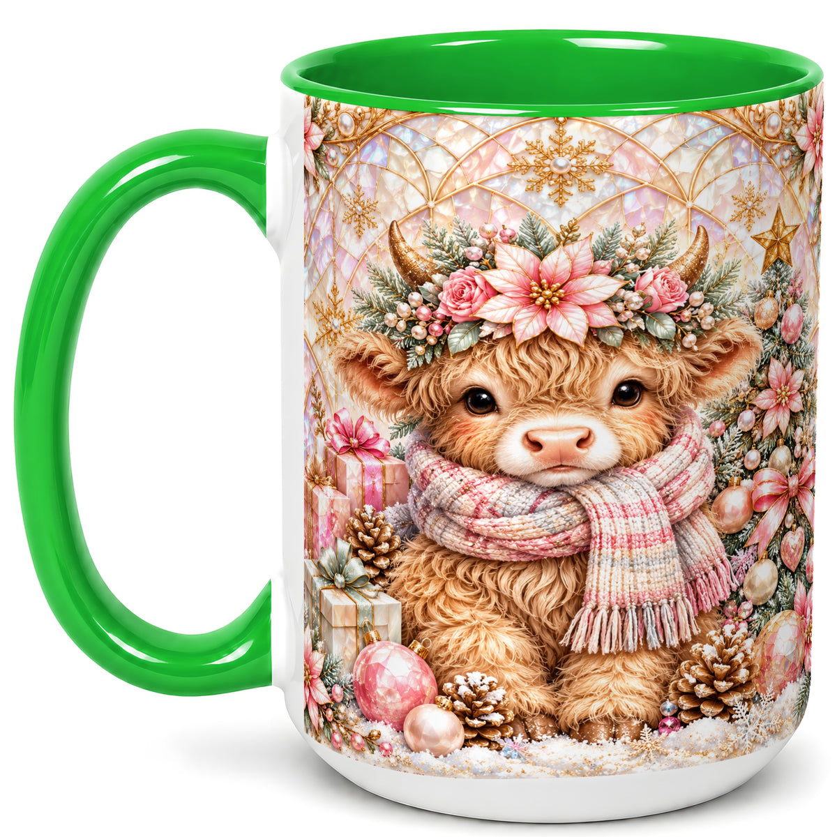 #pl[15oz|Green] Highland Cow Christmas Coffee Mug, Holiday Cow Mug, Ceramic Cup