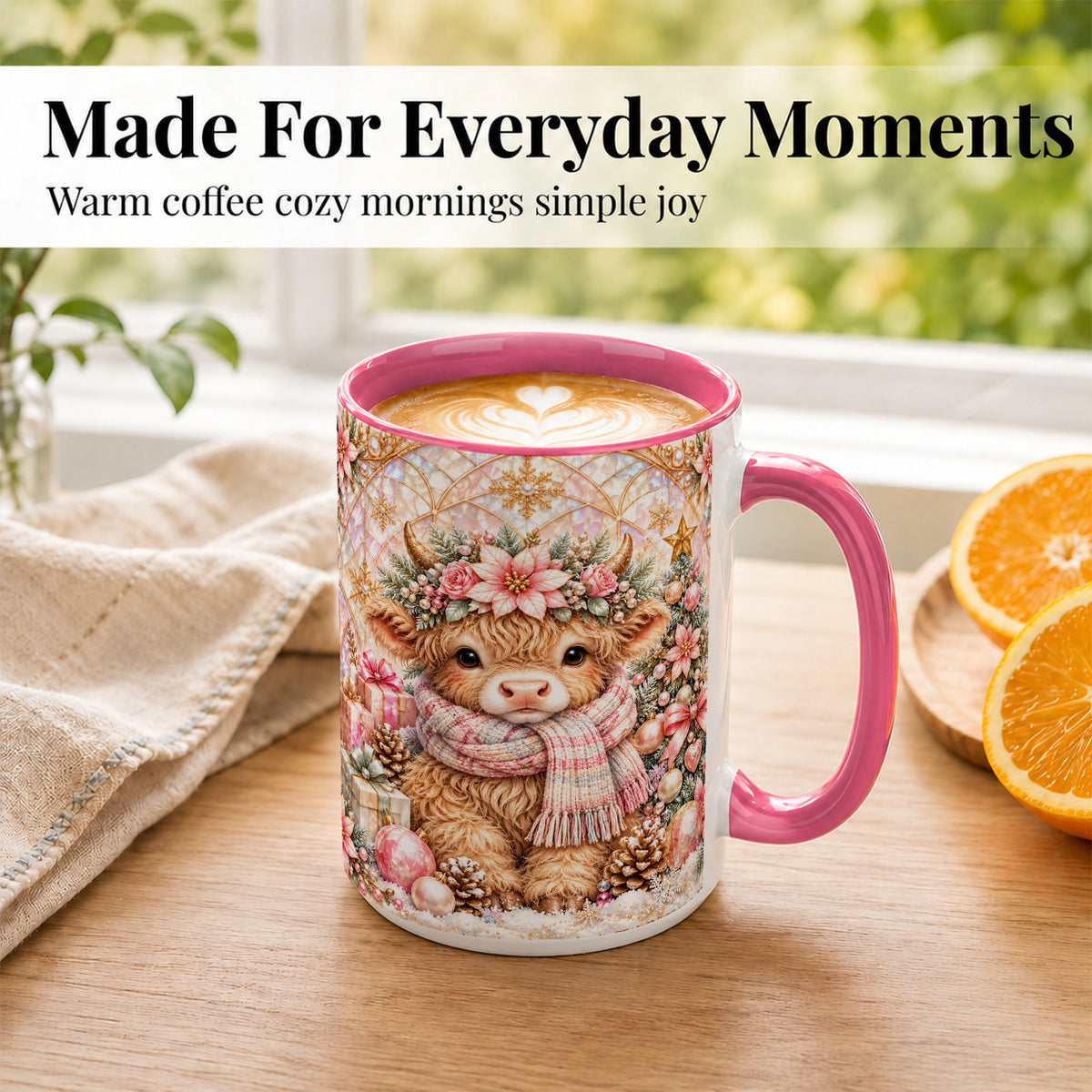 #pl[15oz|Pink] Highland Cow Christmas Coffee Mug, Holiday Cow Mug, Ceramic Cup