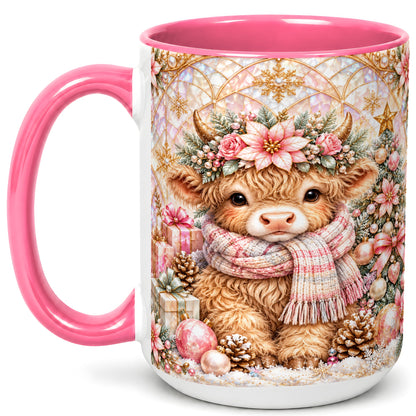#pl[15oz|Pink] Highland Cow Christmas Coffee Mug, Holiday Cow Mug, Ceramic Cup