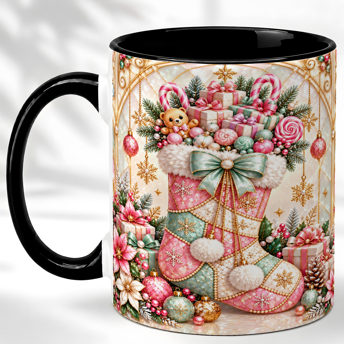 #pl[11oz|Black] Christmas Stocking Coffee Mug, Candy Cane Mug, Ceramic Cup