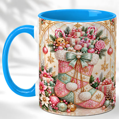 #pl[11oz|Blue] Christmas Stocking Coffee Mug, Candy Cane Mug, Ceramic Cup