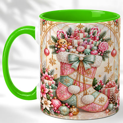 #pl[11oz|Green] Christmas Stocking Coffee Mug, Candy Cane Mug, Ceramic Cup