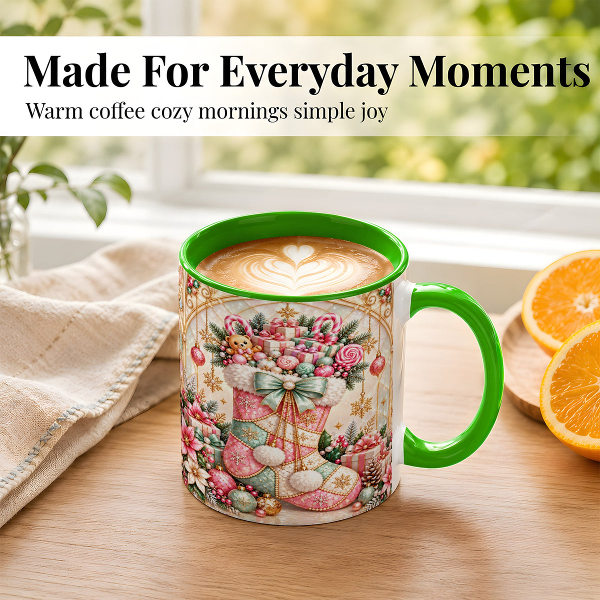 #pl[11oz|Green] Christmas Stocking Coffee Mug, Candy Cane Mug, Ceramic Cup