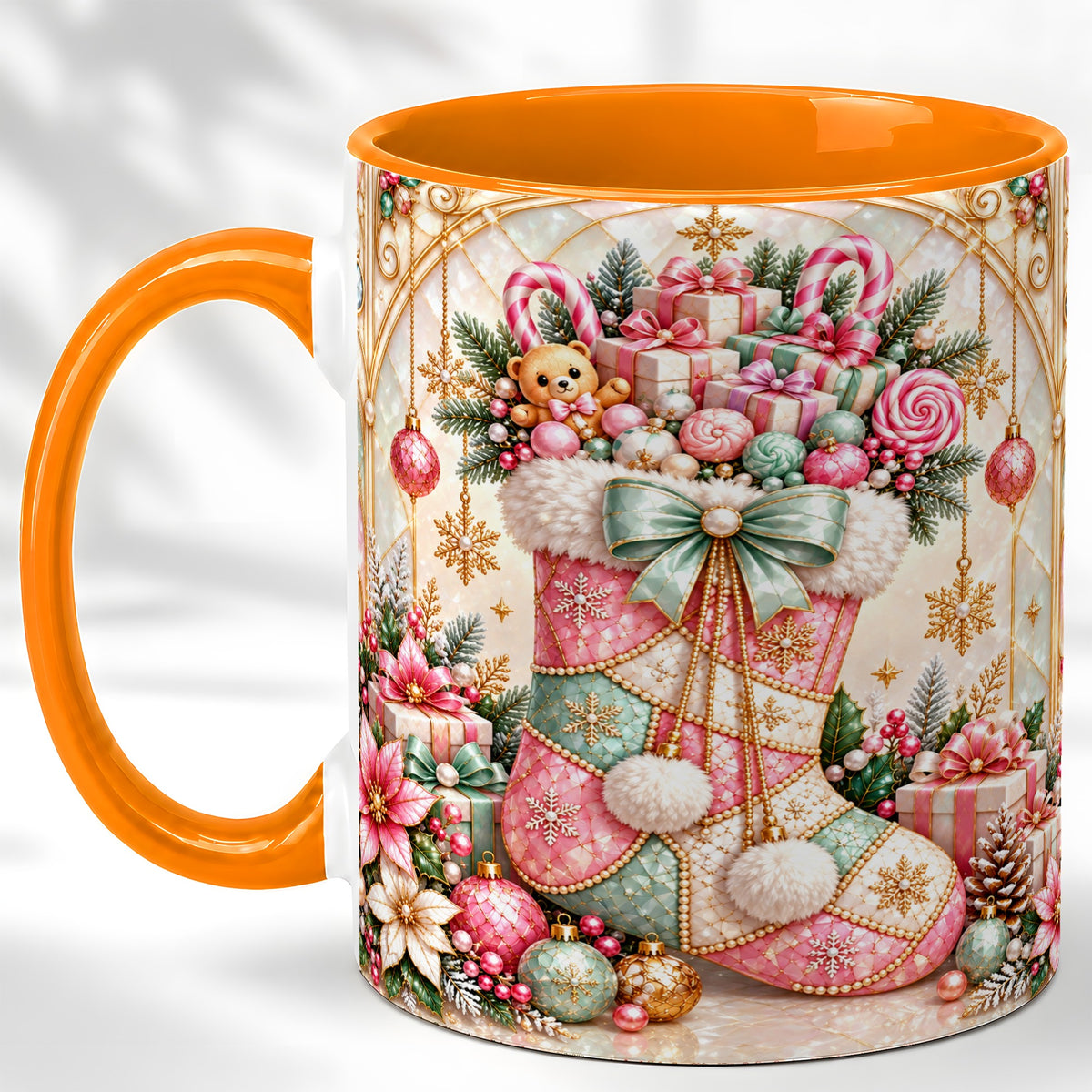 #pl[11oz|Orange] Christmas Stocking Coffee Mug, Candy Cane Mug, Ceramic Cup