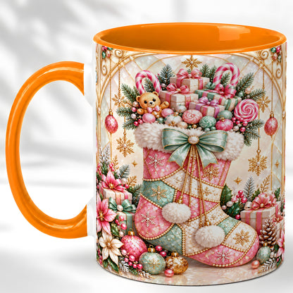 #pl[11oz|Orange] Christmas Stocking Coffee Mug, Candy Cane Mug, Ceramic Cup