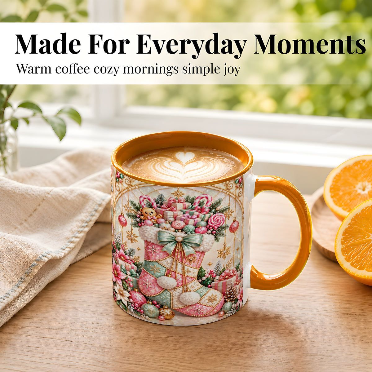 #pl[11oz|Orange] Christmas Stocking Coffee Mug, Candy Cane Mug, Ceramic Cup