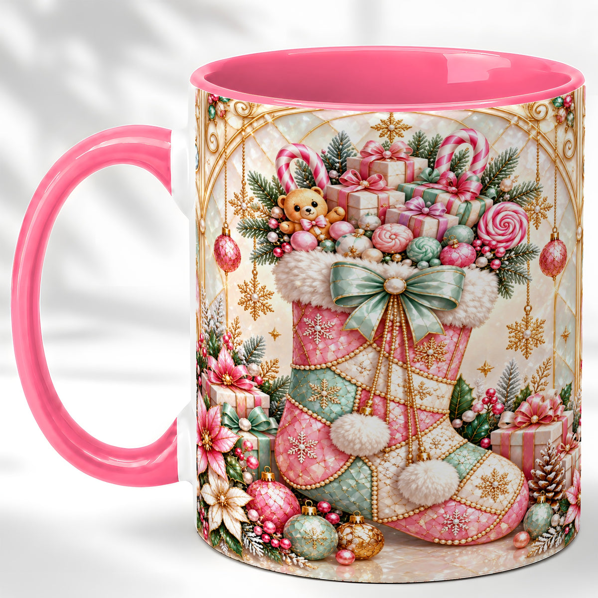 #pl[11oz|Pink] Christmas Stocking Coffee Mug, Candy Cane Mug, Ceramic Cup