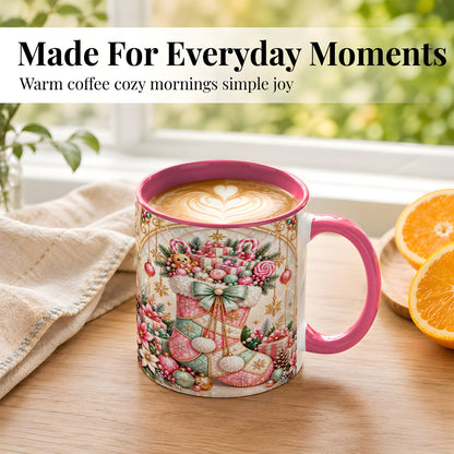 #pl[11oz|Pink] Christmas Stocking Coffee Mug, Candy Cane Mug, Ceramic Cup