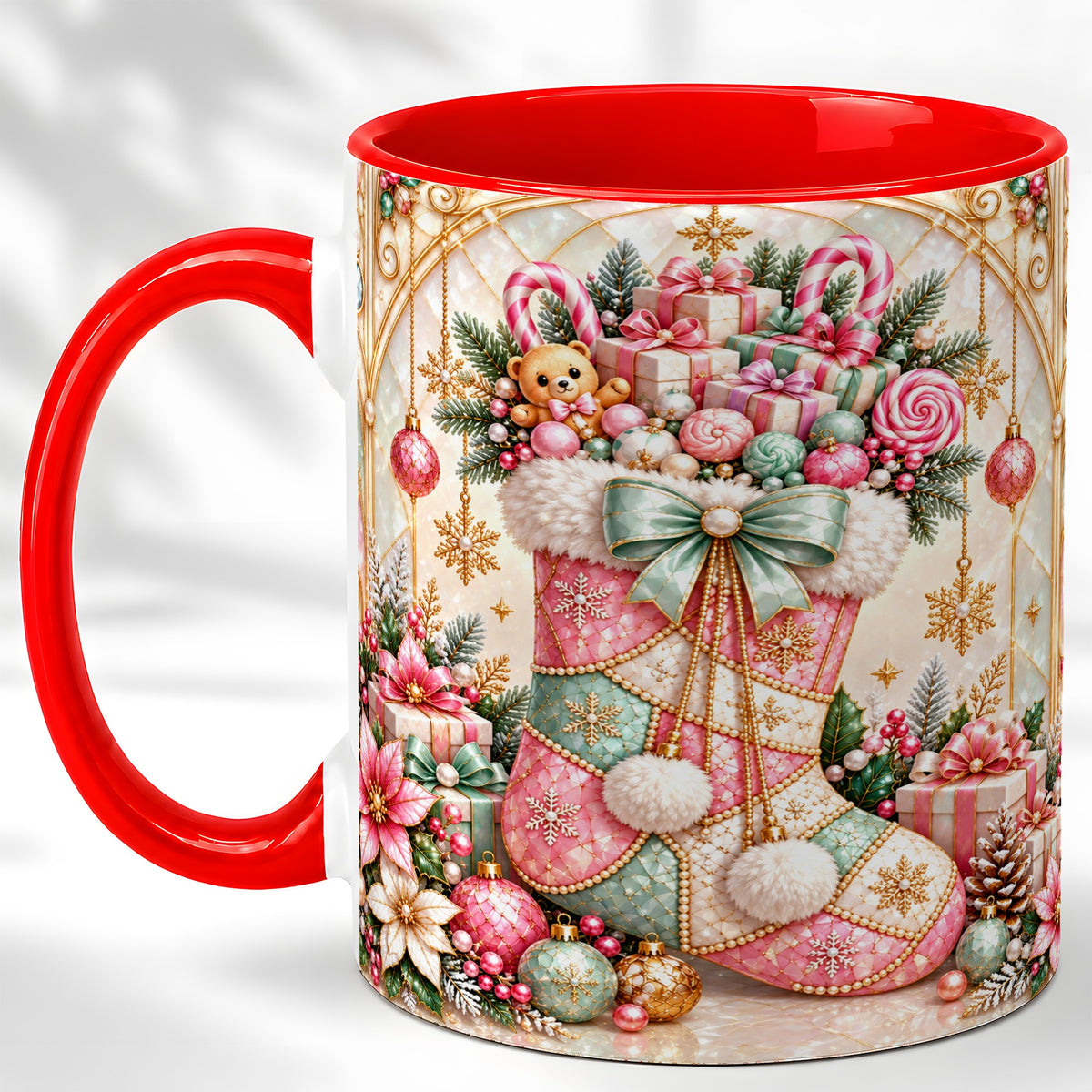 Christmas Stocking Coffee Mug, Candy Cane Mug, Ceramic Cup