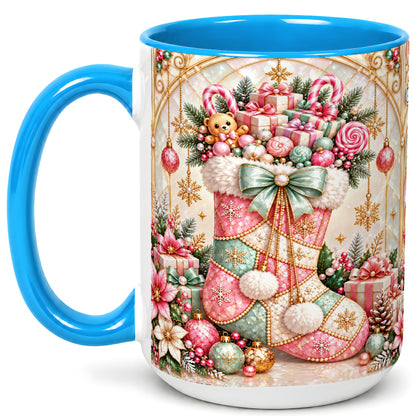 #pl[15oz|Blue] Christmas Stocking Coffee Mug, Candy Cane Mug, Ceramic Cup