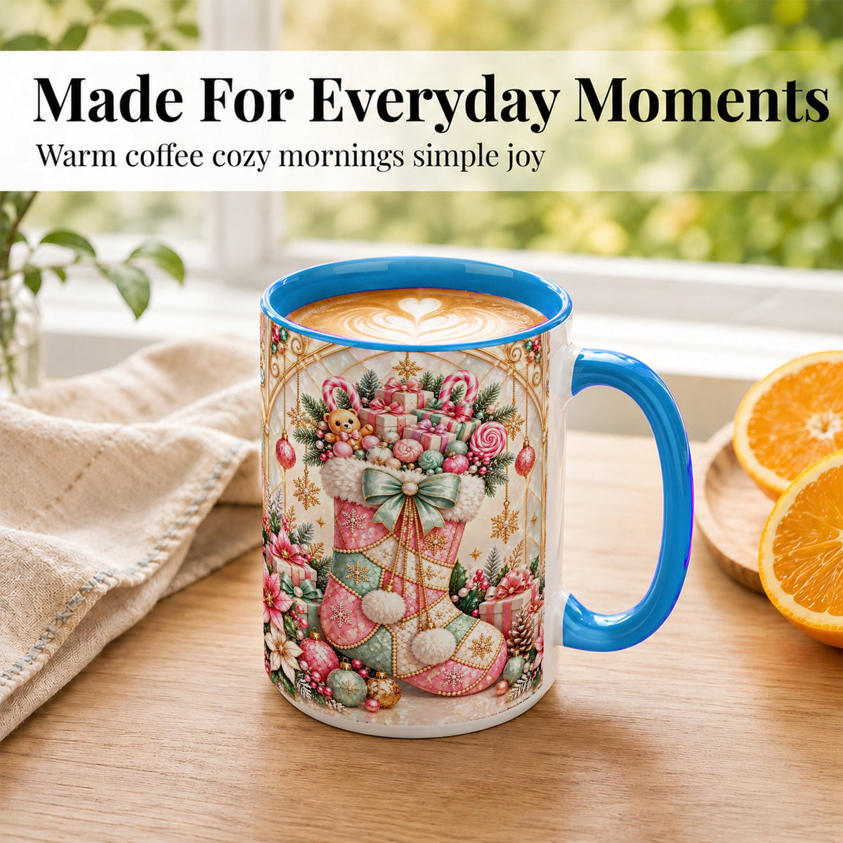 #pl[15oz|Blue] Christmas Stocking Coffee Mug, Candy Cane Mug, Ceramic Cup